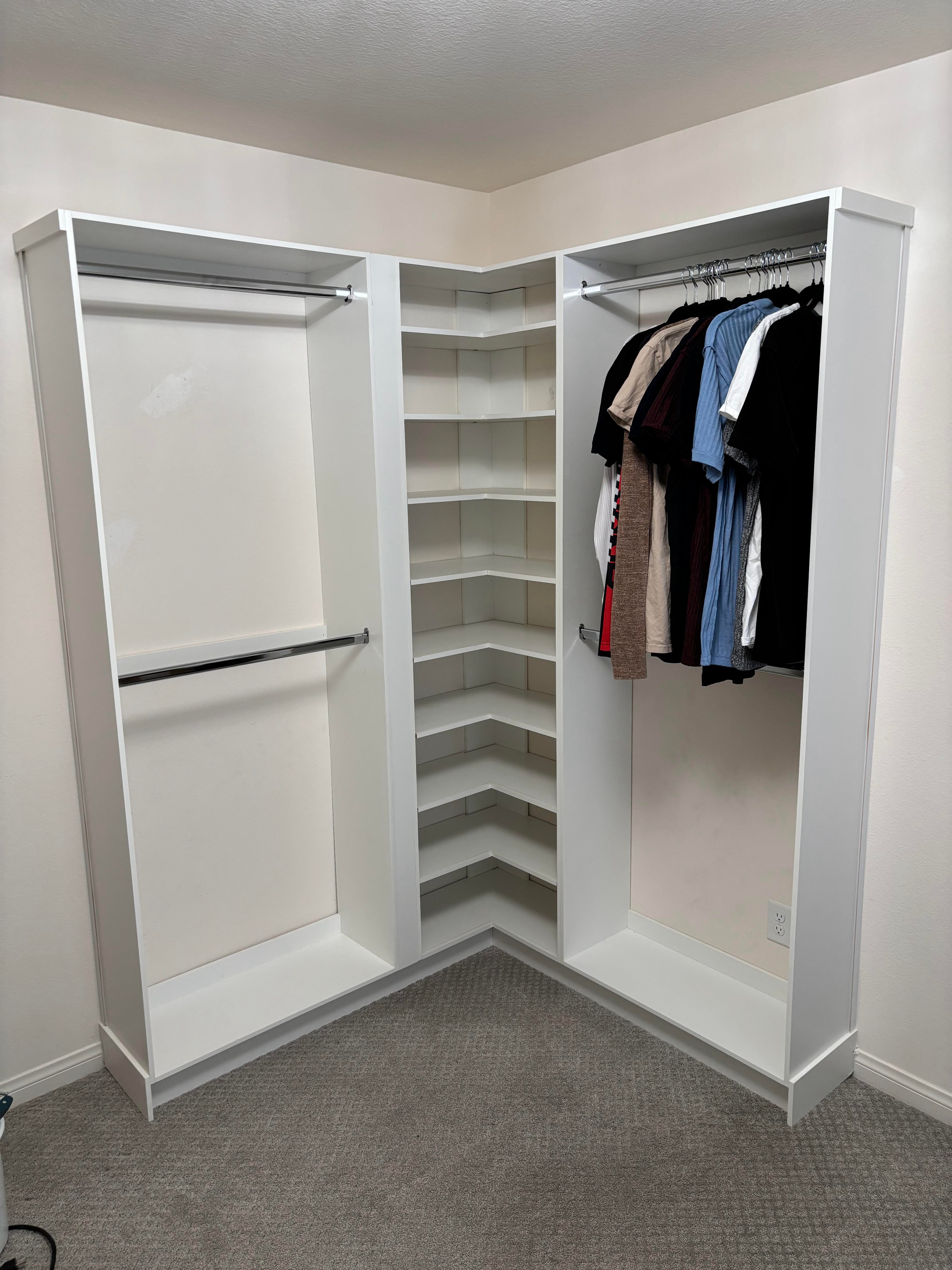 2 double hanger closet organizers with crner