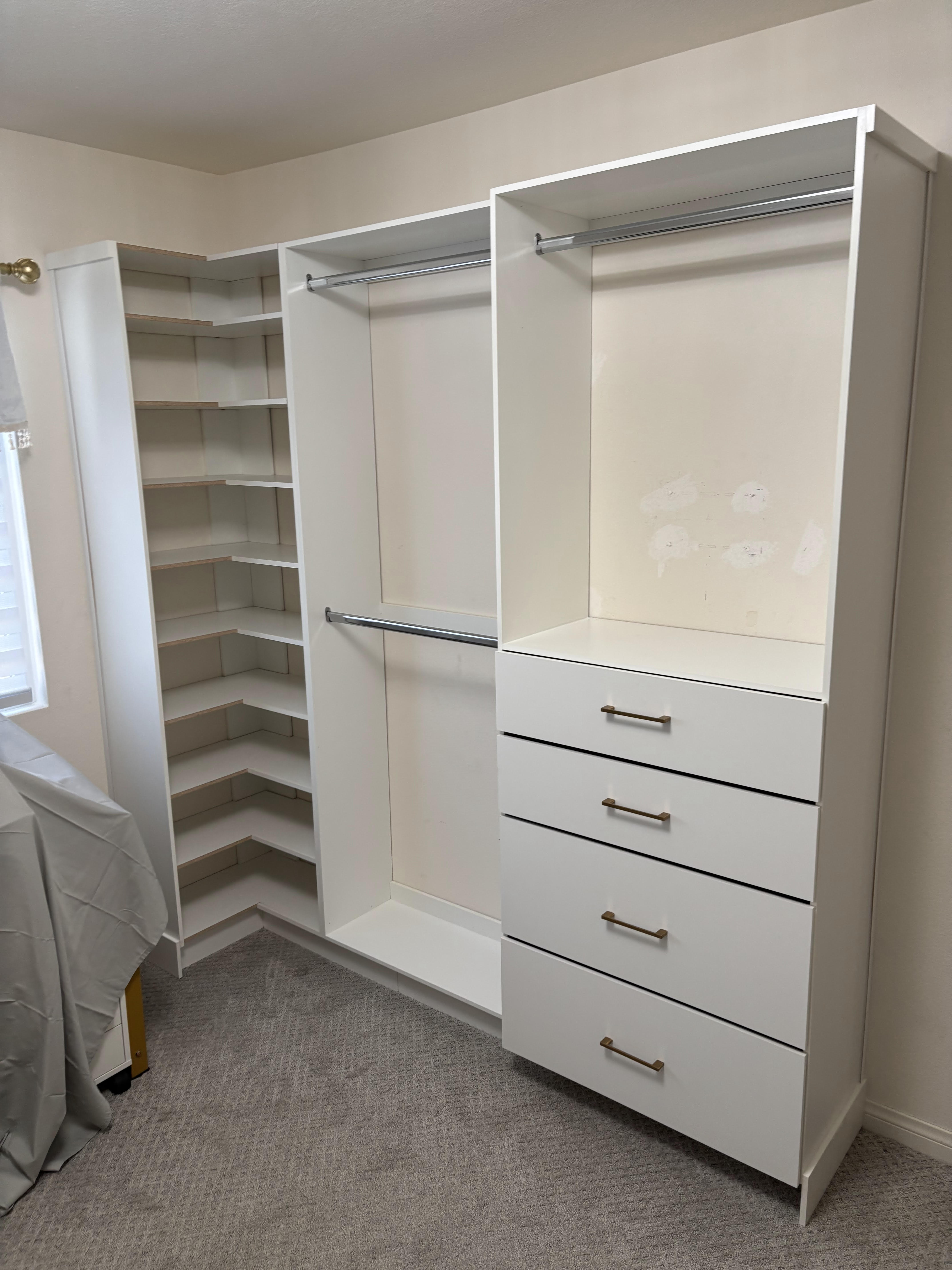 Corner Shoe Organizer, Doble Hanger and 4 Drawer Bank with Garment Rod