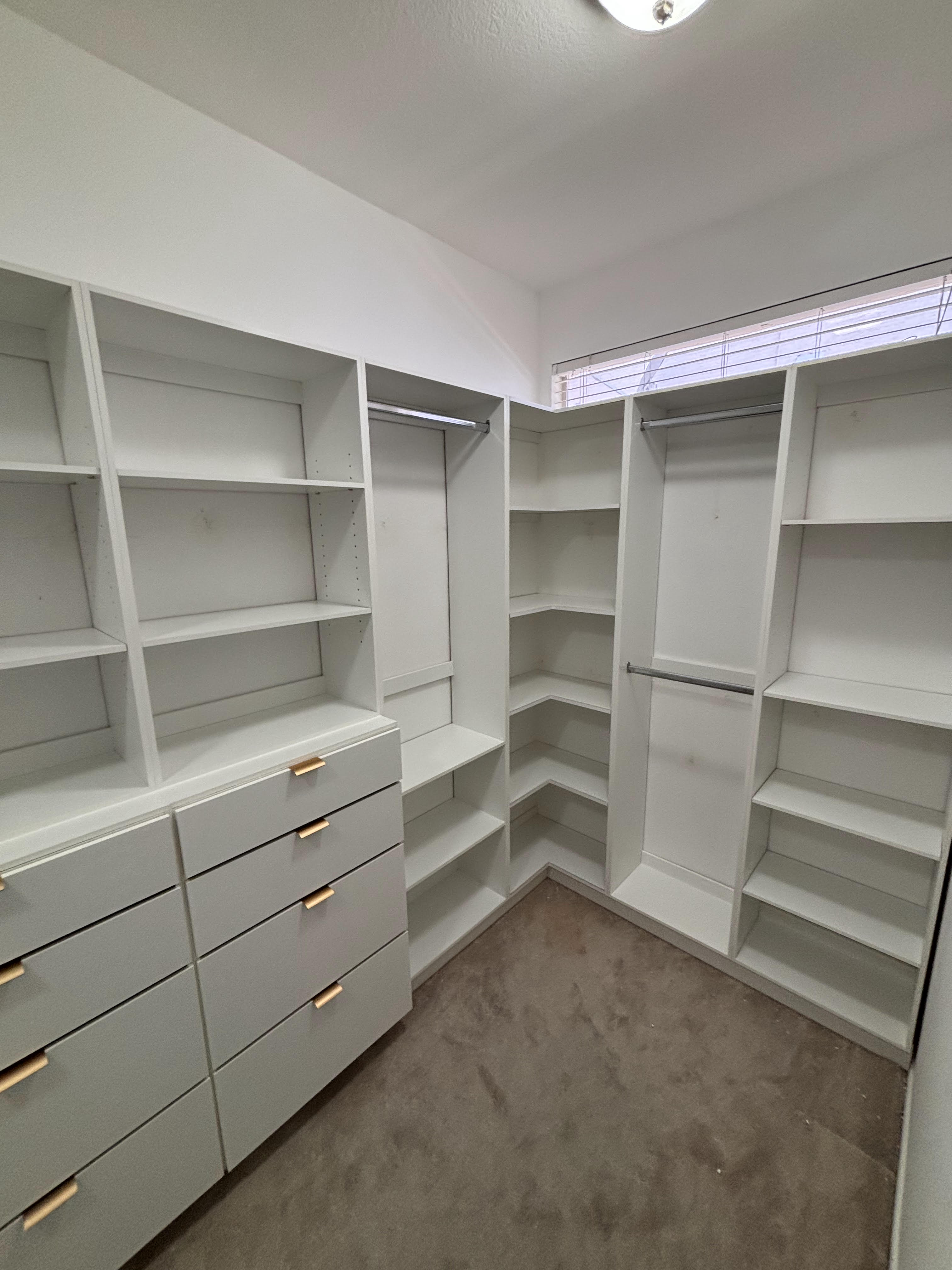 Corner Shelf, Garment Rod with 2 Shelves Below, 2 Drawer banks, Double hanger and Garment Rod with shoe below